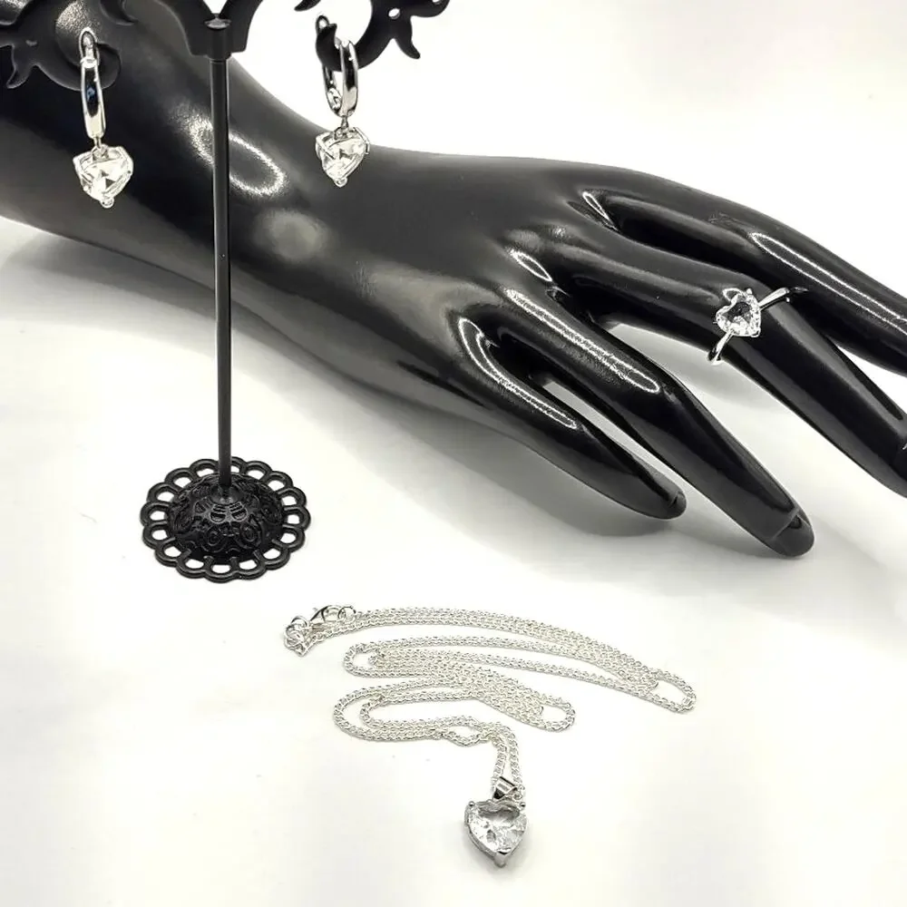 925 Silver Necklace Ring & Earring Set White CZ Diamond Heart Stones Valentines